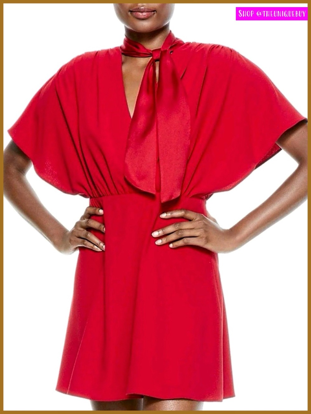 Alice + Olivia Perkins Red Tie Neck Mini Dress